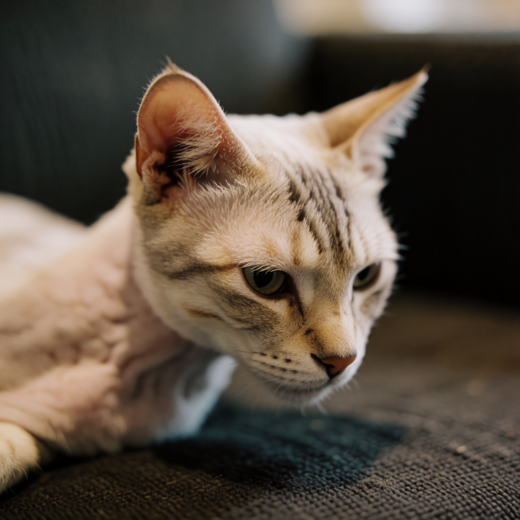 A cat lying on a couch without a collar