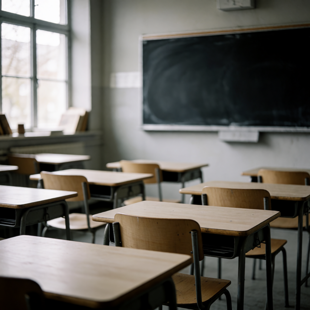 A classroom with desks and a chalkboard but no students