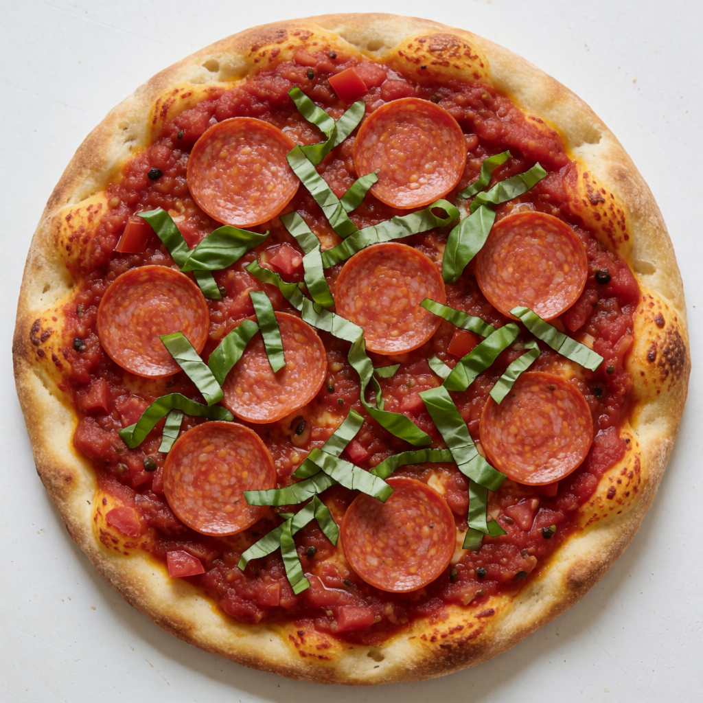 A pepperoni pizza with tomato sauce, basil, and crust but ab