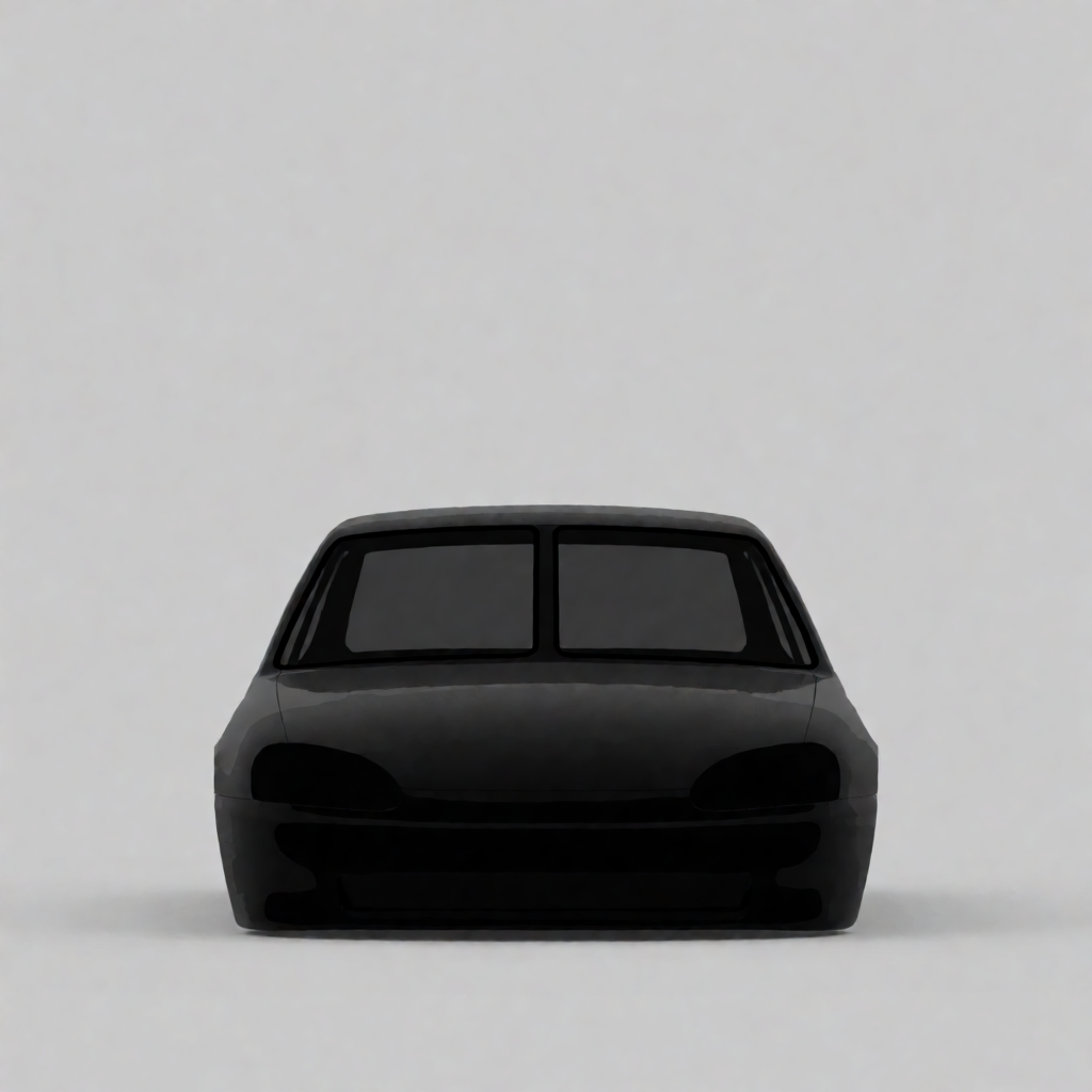 A car body with windows, doors, and headlights but no wheels