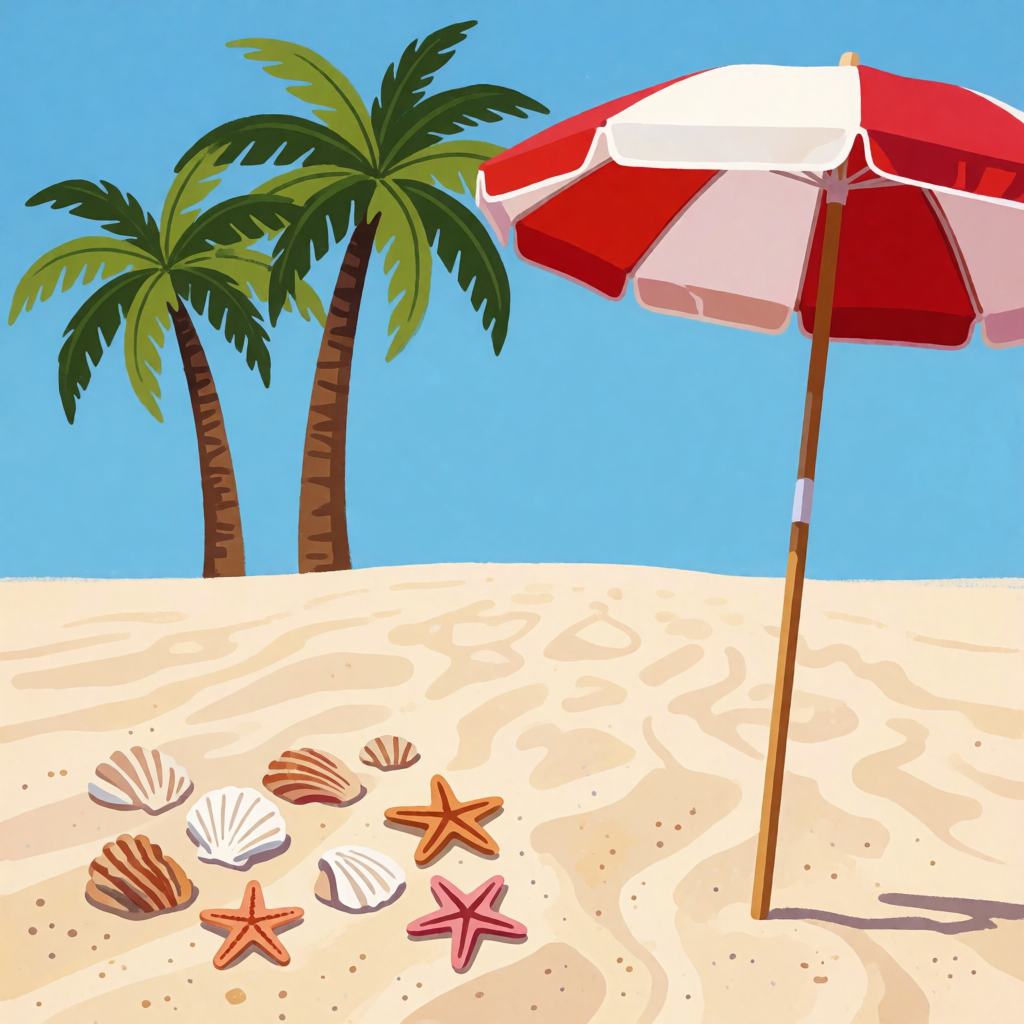 A sandy beach with palm trees, seashells, and a beach umbrel