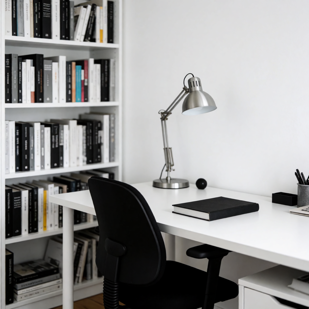 An office workspace with a desk, chair, bookshelf, and lamp 