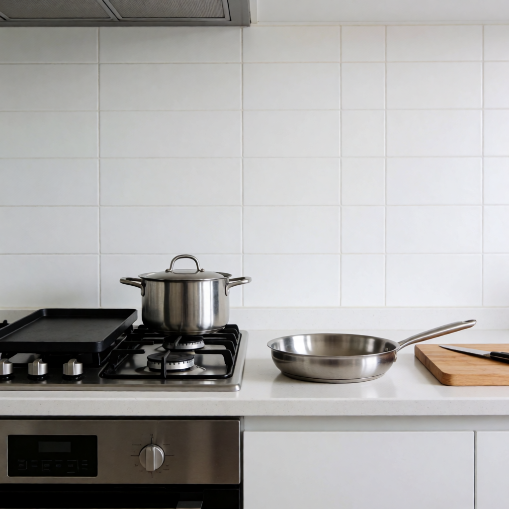 A kitchen with pots, pans, a stove, and a cutting board but 