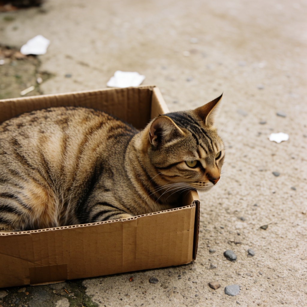 A cat sitting on top of a cardboard box