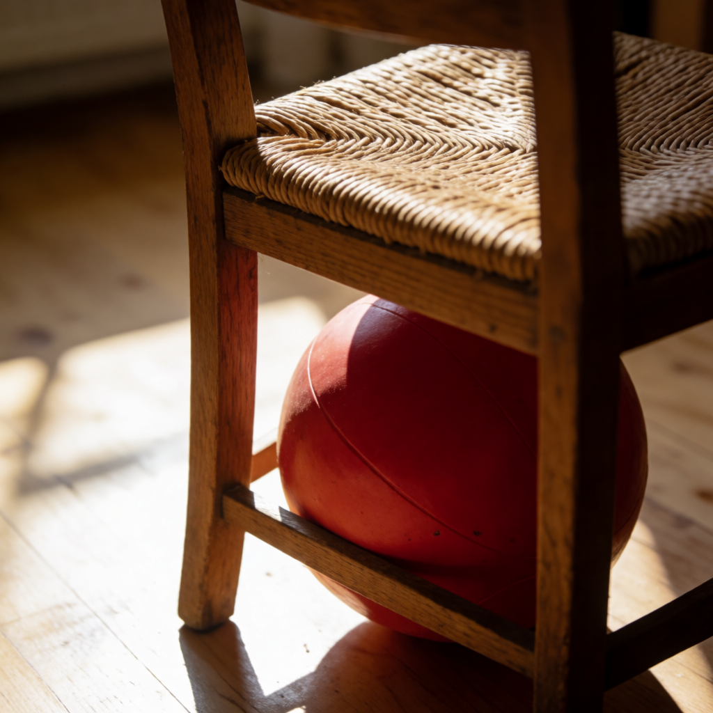 A red ball underneath a wooden chair