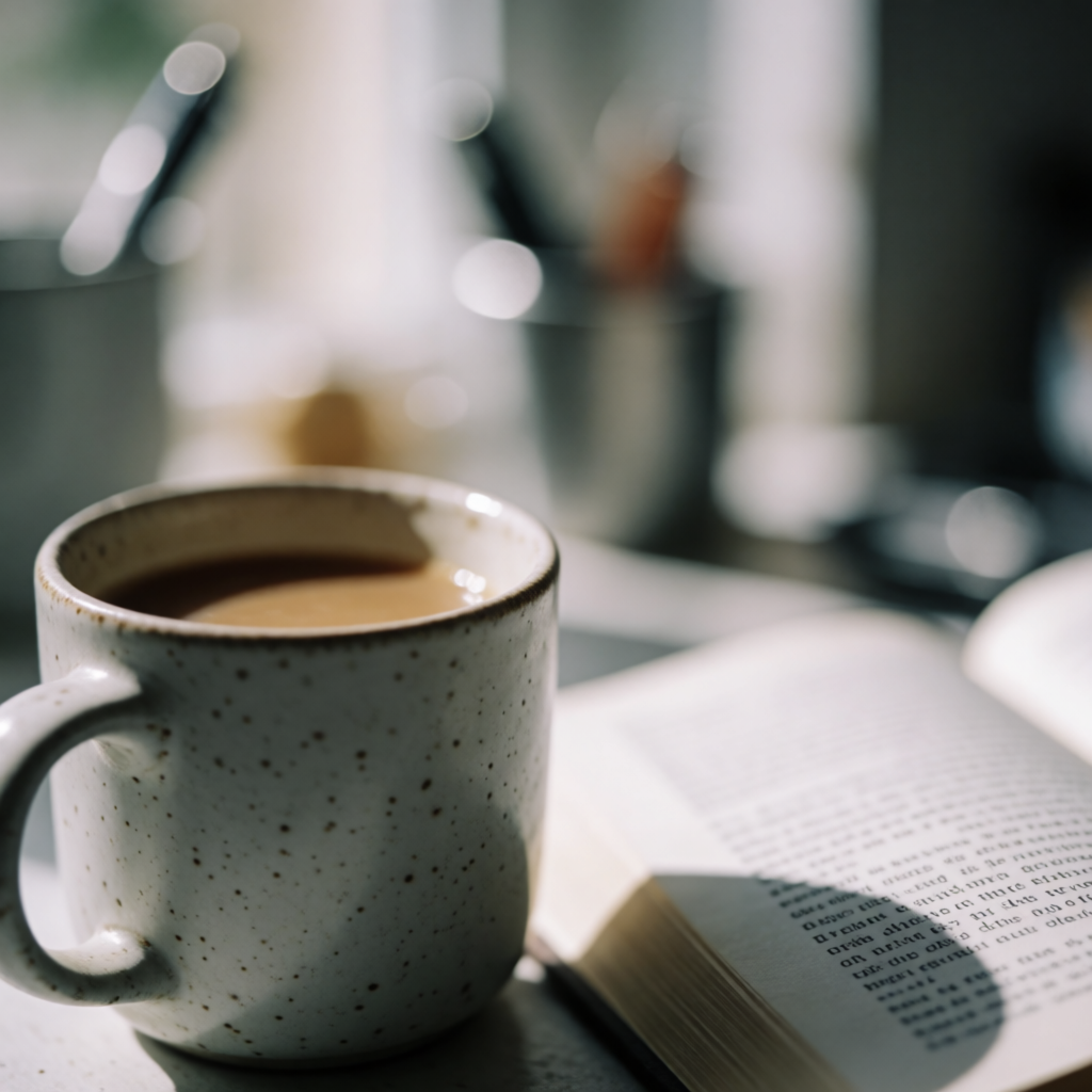 A coffee mug next to an open book on a desk