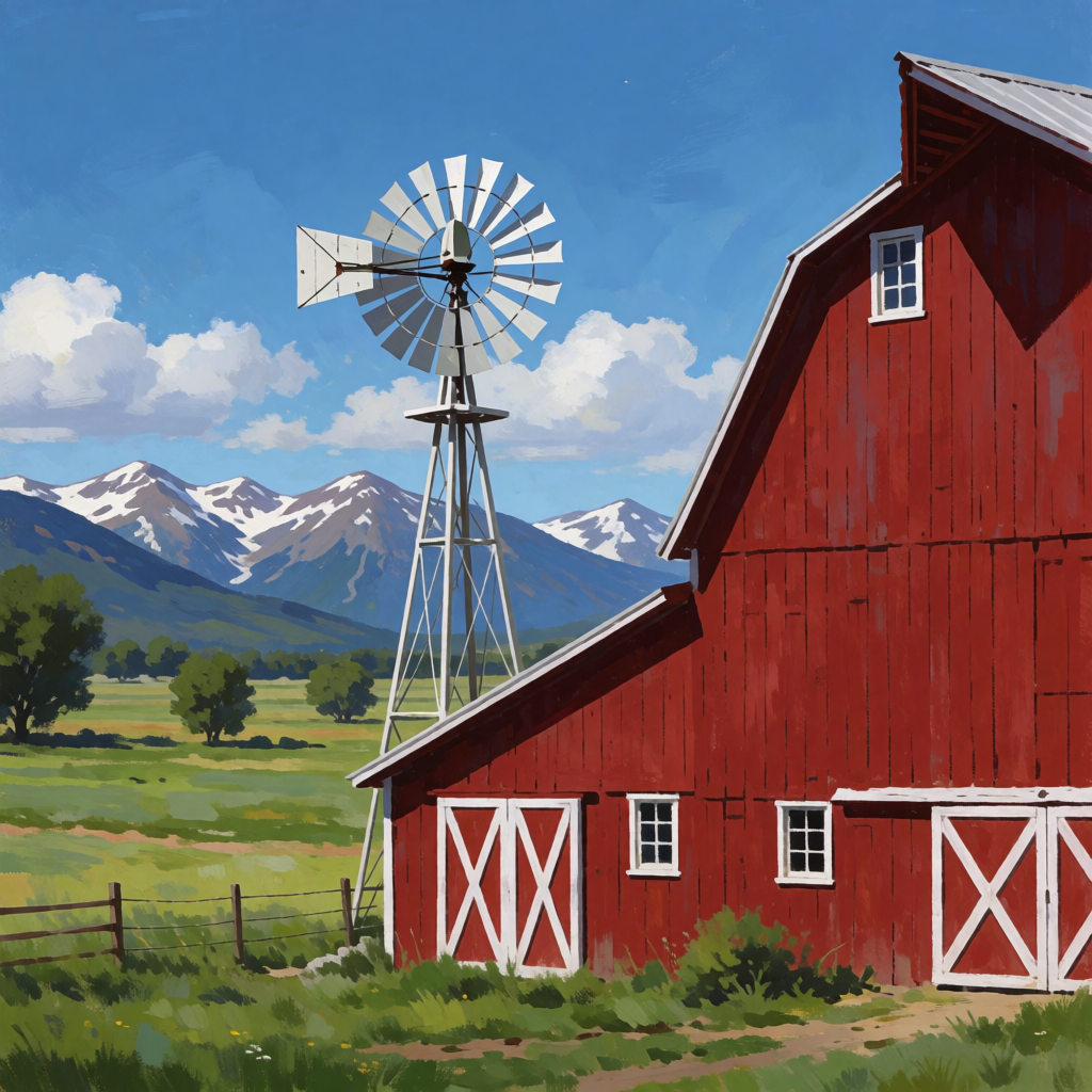 A landscape with a red barn in the foreground at large scale