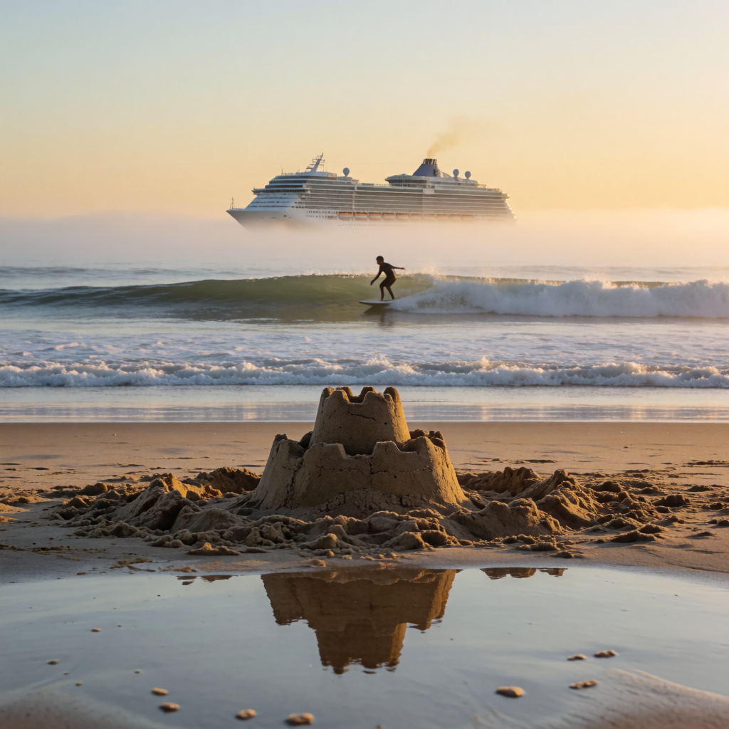 A beach scene with a sandcastle in the foreground, a surfer 