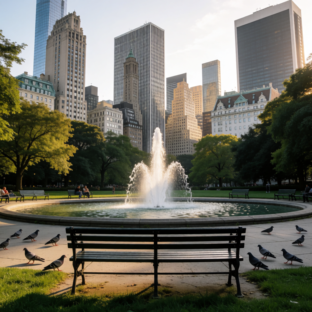 A city park with a park bench and pigeons in the foreground,