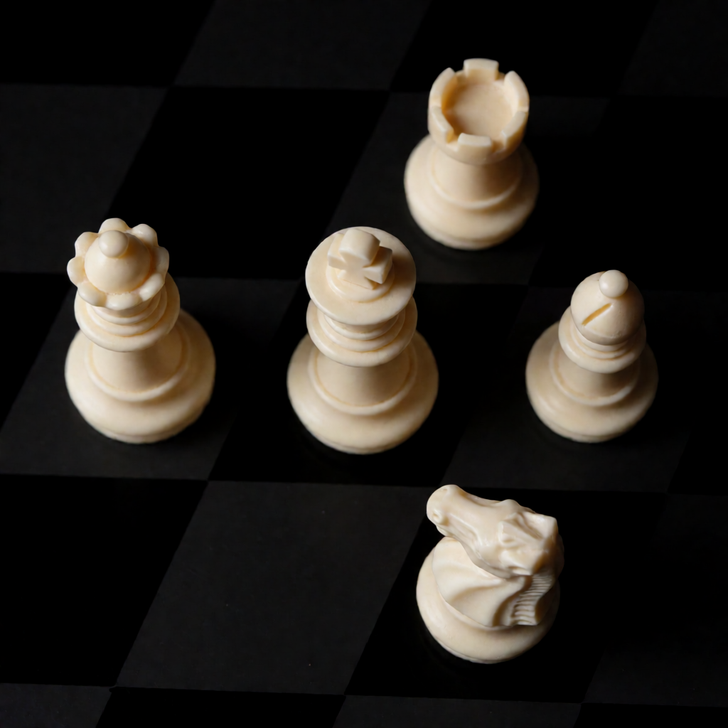 Five chess pieces on a board: a king in the center, a queen 