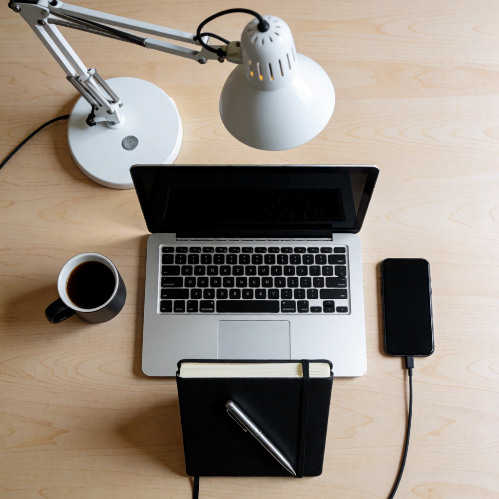A desk scene: laptop in the center, coffee mug to the left, 