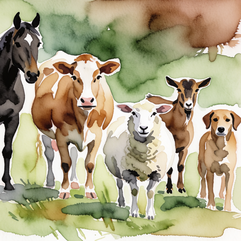 Five animals in a field: a horse on the far left, a cow to t