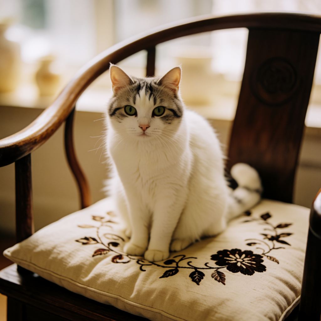 A cat sitting on a pillow, the pillow placed on a wooden cha