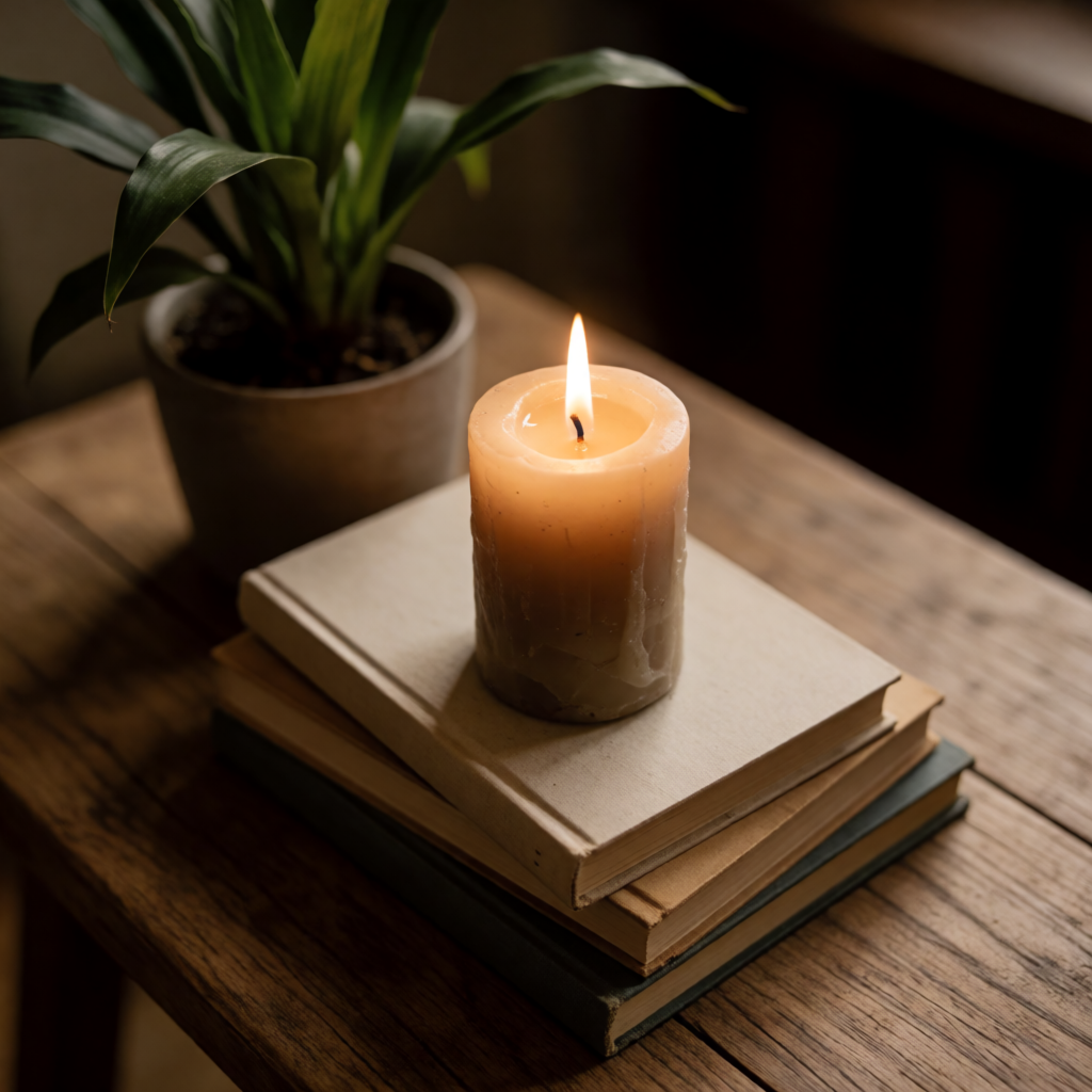 A candle on top of a stack of books, the books next to a pot
