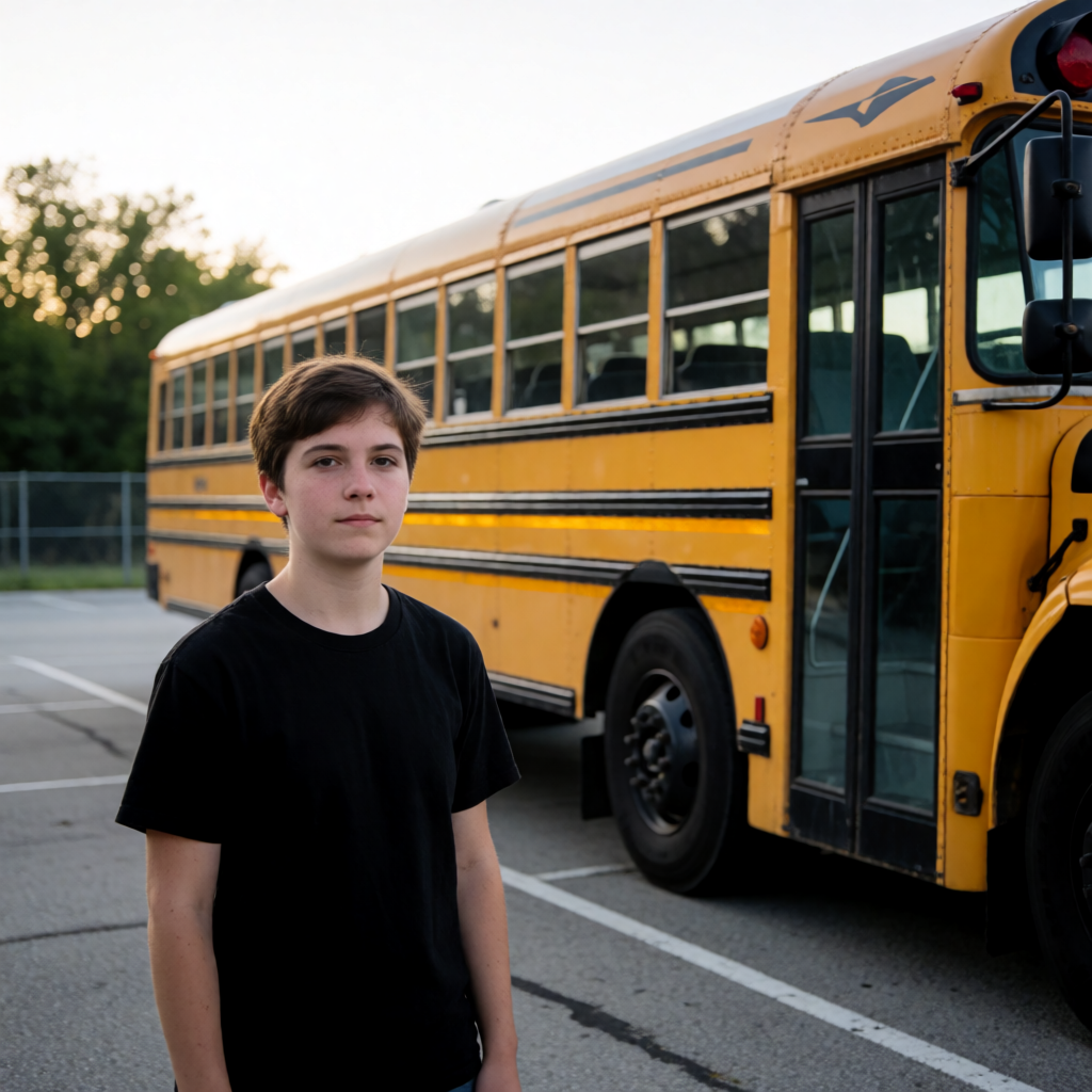 A person standing next to a yellow school bus, showing reali
