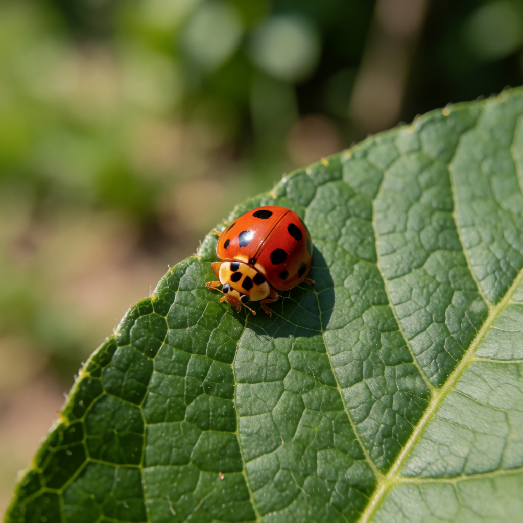 A ladybug sitting on a large green leaf, shown at realistic 