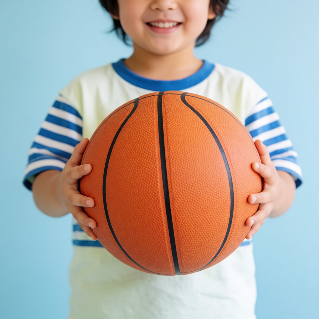 A child holding a basketball, both at correct relative sizes