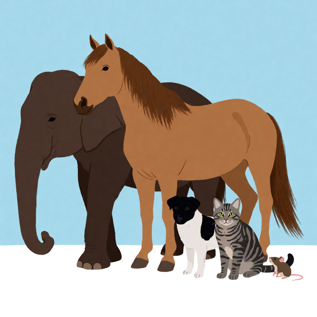A group photo of an elephant, a horse, a dog, a cat, and a m