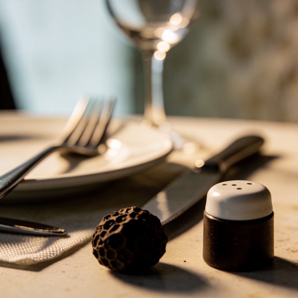 A dinner table scene with a plate, fork, knife, wine glass, 