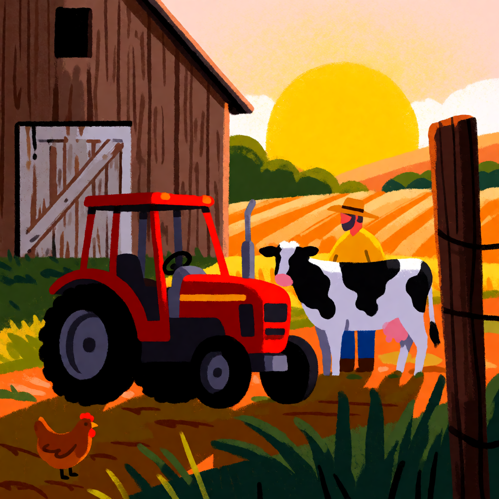 A farm scene with a barn, tractor, farmer, cow, chicken, and