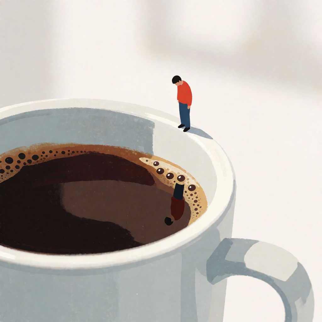 A tiny person standing on the rim of a coffee cup, looking d