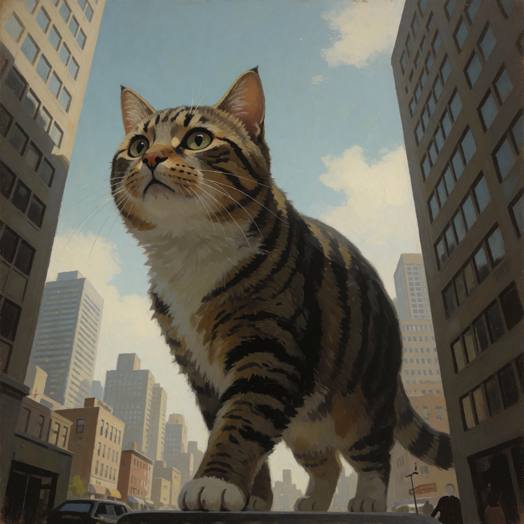 A giant tabby cat walking between city skyscrapers like a ka