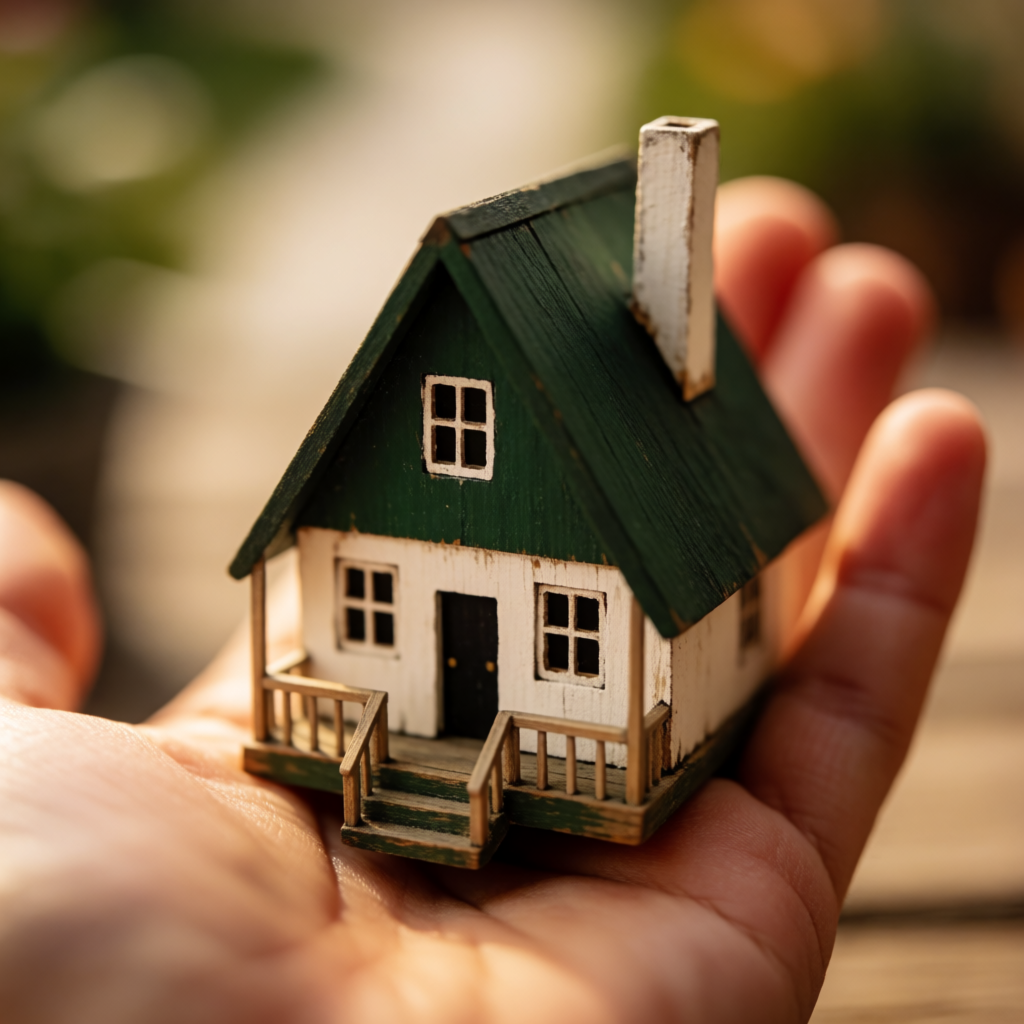 A miniature house sitting on the palm of someone's hand