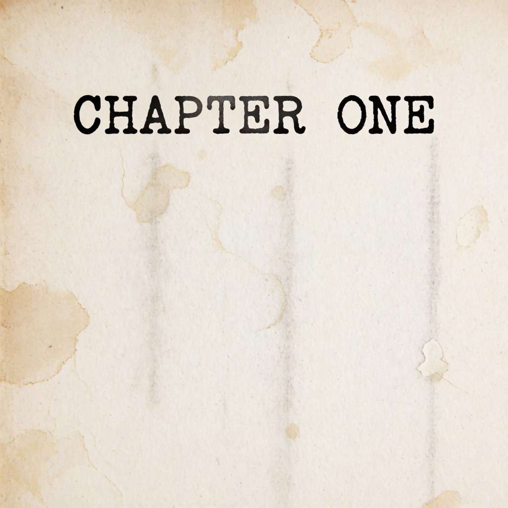The word 'CHAPTER ONE' typed on aged paper with a vintage typewriter font, complete with slightly uneven ink