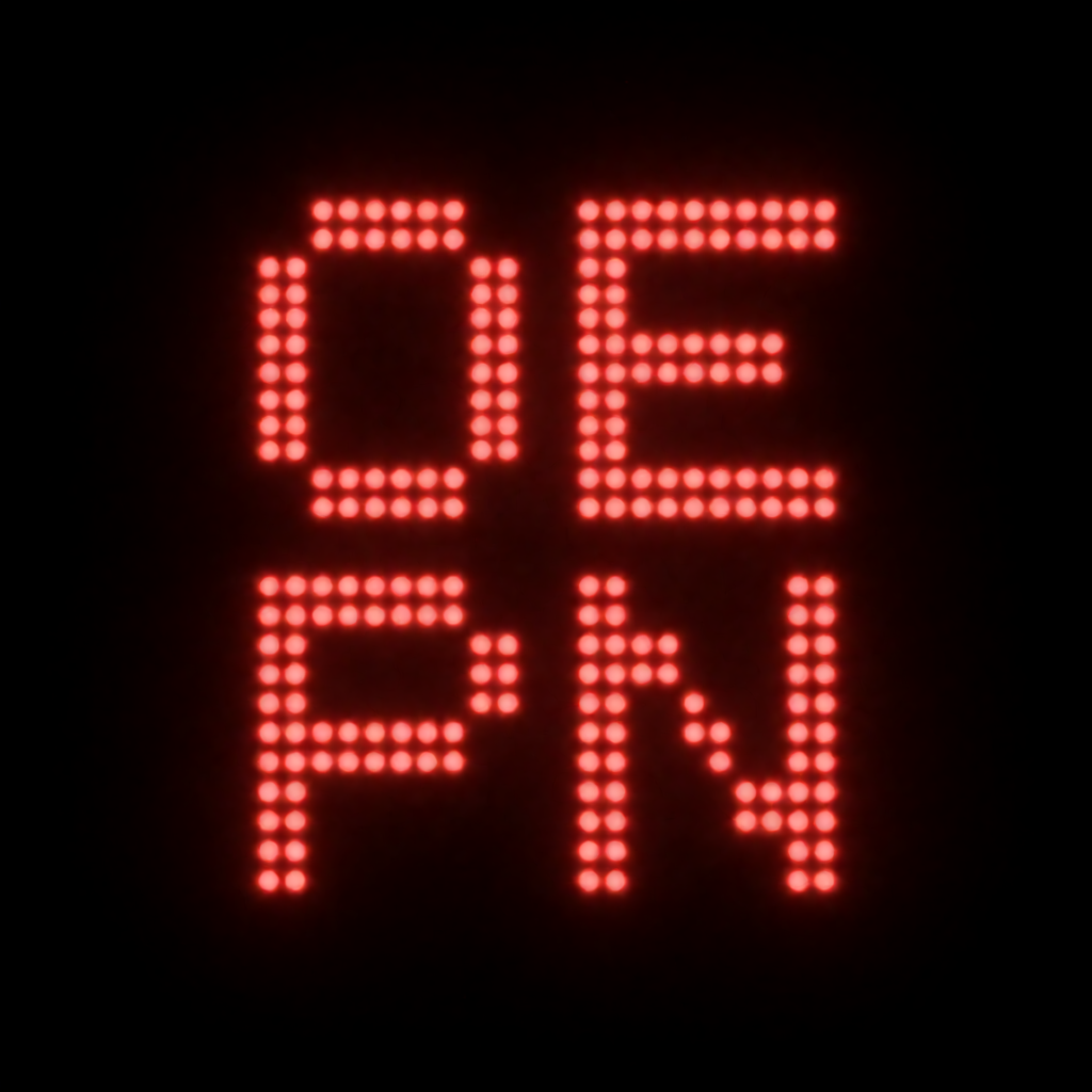 The word 'OPEN' displayed on a red LED sign with glowing pix