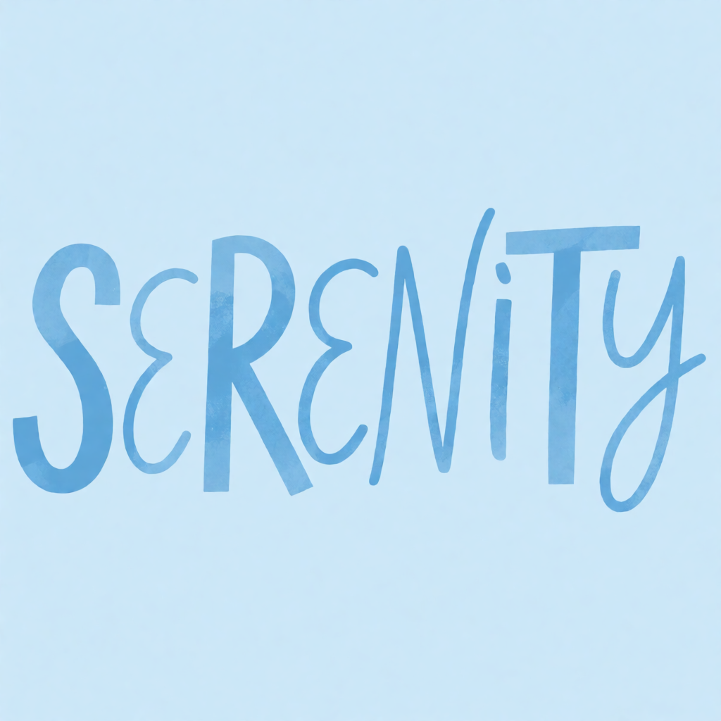The word 'SERENITY' written large and centered on a solid li