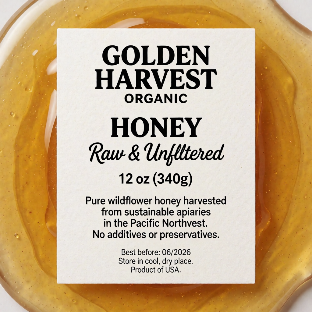 A product label for 'GOLDEN HARVEST ORGANIC HONEY' with subt