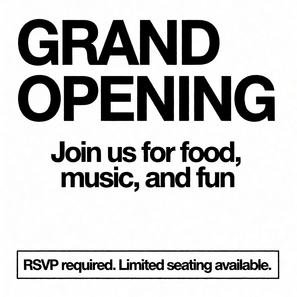 A flyer with large title 'GRAND OPENING', subtitle 'Join us 