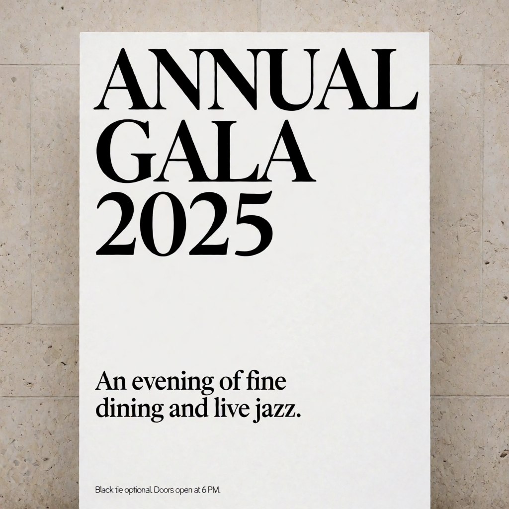 An event banner with headline 'ANNUAL GALA 2025' at the top 