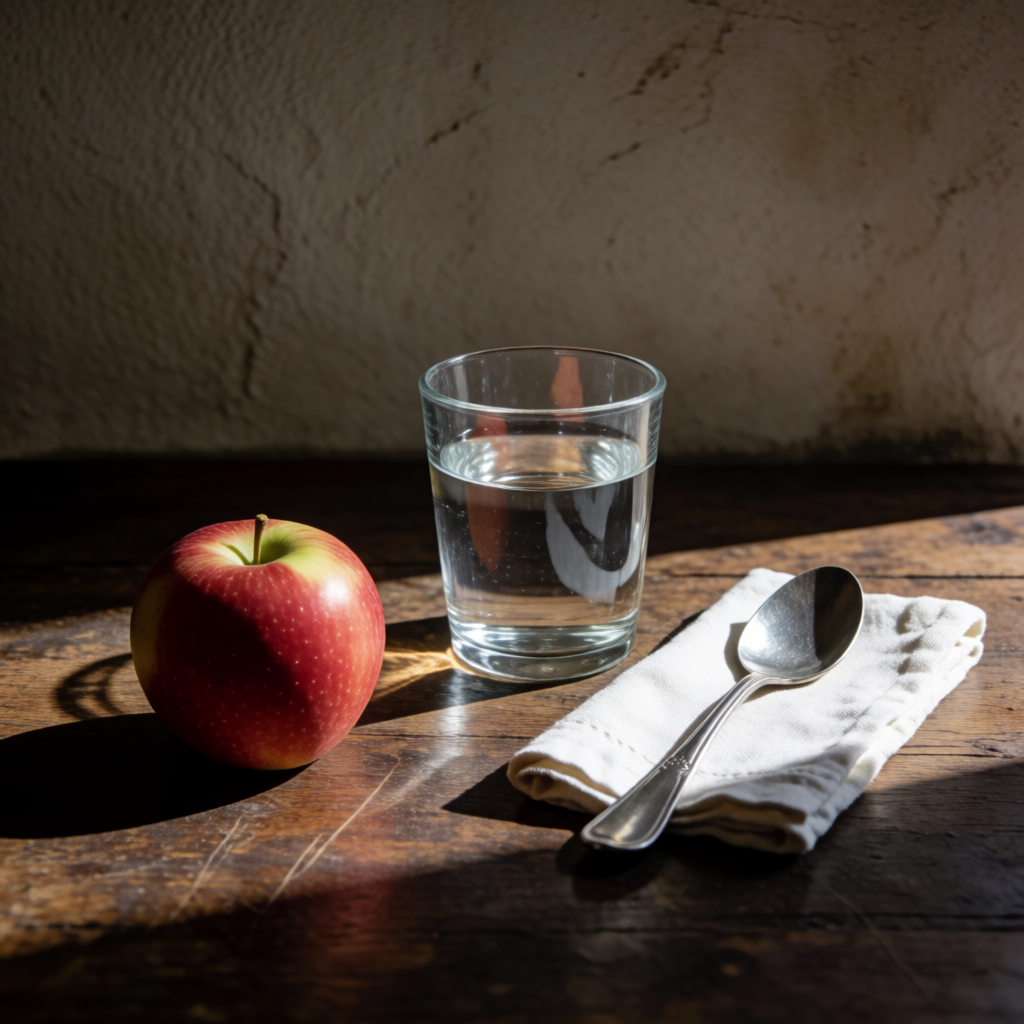 A still life on a wooden table featuring a clear glass of wa