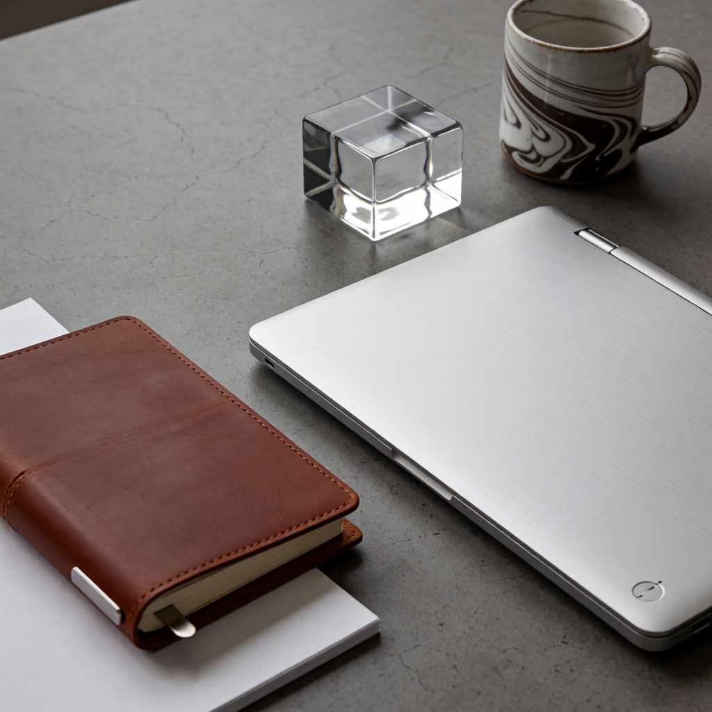 A workspace desk with a brushed aluminum laptop, a leather-b