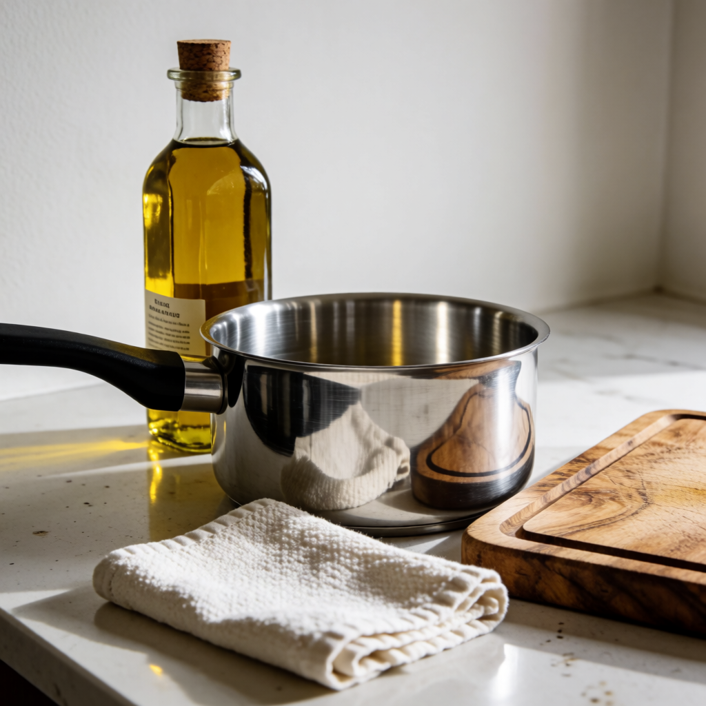 A kitchen counter with a stainless steel pot, a wooden cutti