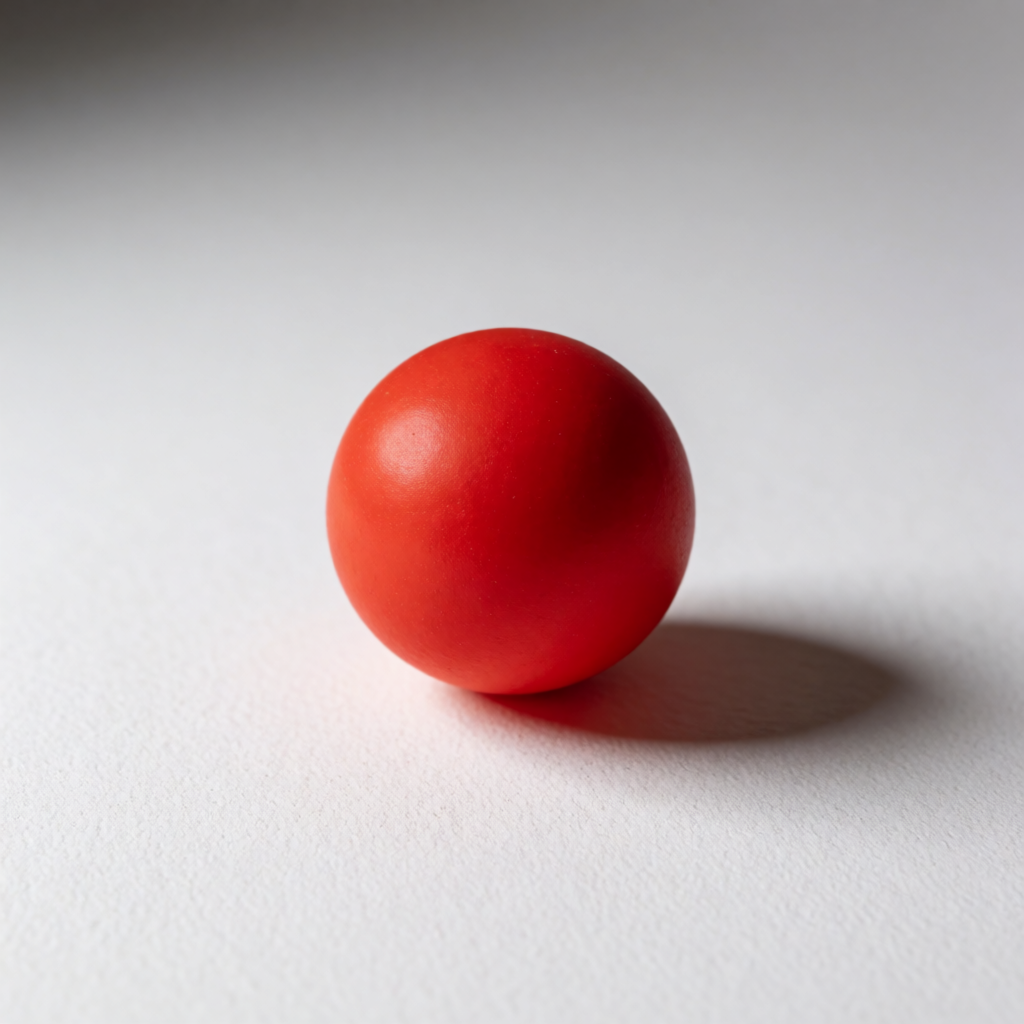 A red sphere on a white surface with a single shadow cast to
