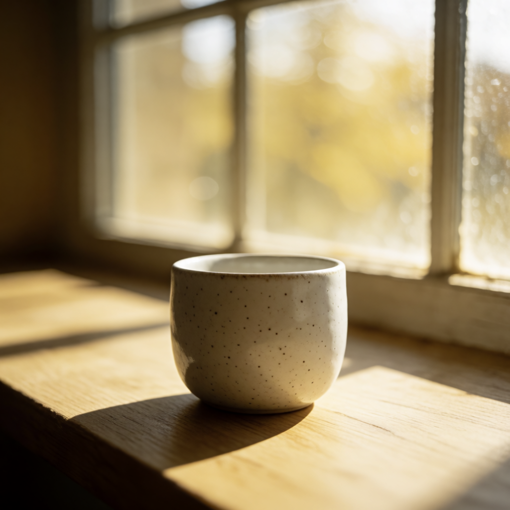 A coffee mug on a sunny windowsill casting a sharp shadow to