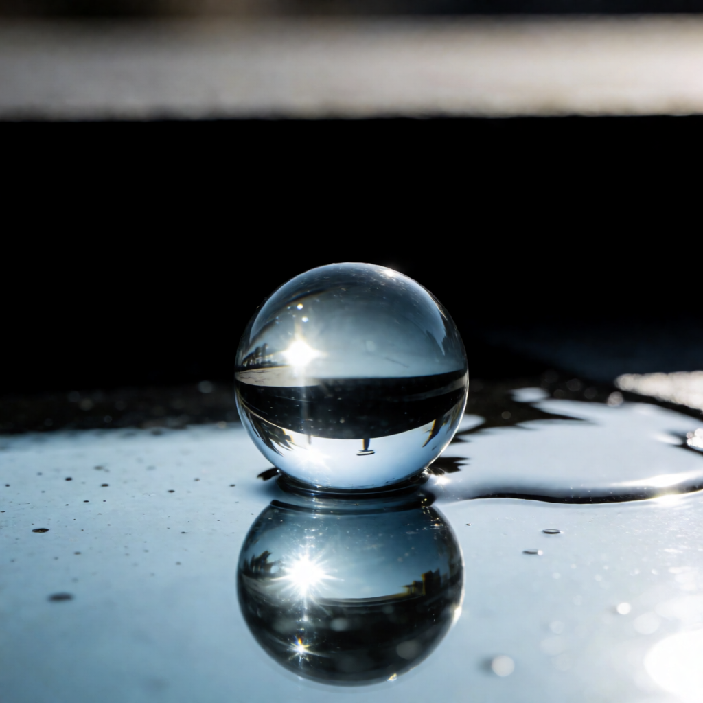 A clear glass sphere sitting on a mirror surface near a pool