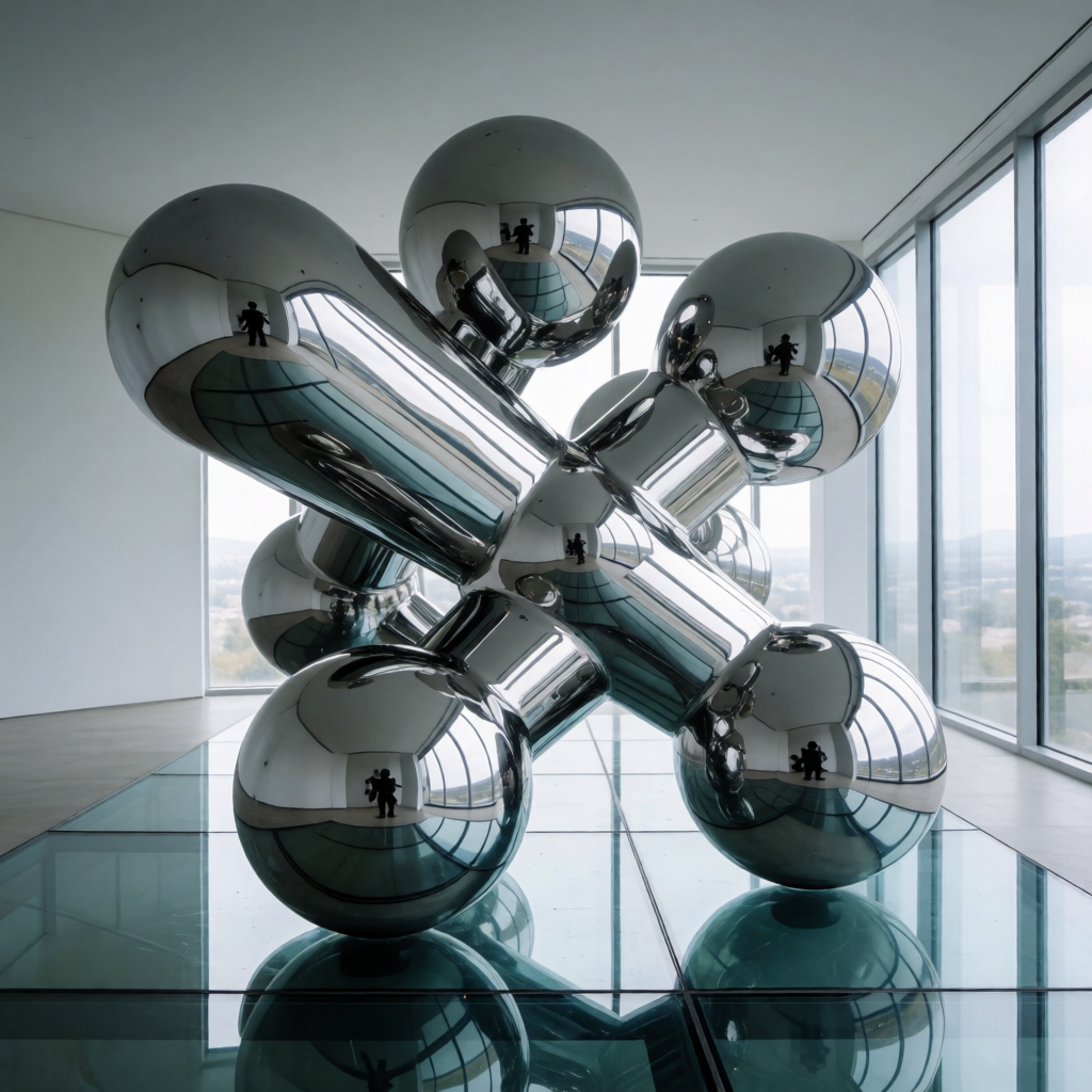 A chrome sculpture in a room with a glass floor and large wi