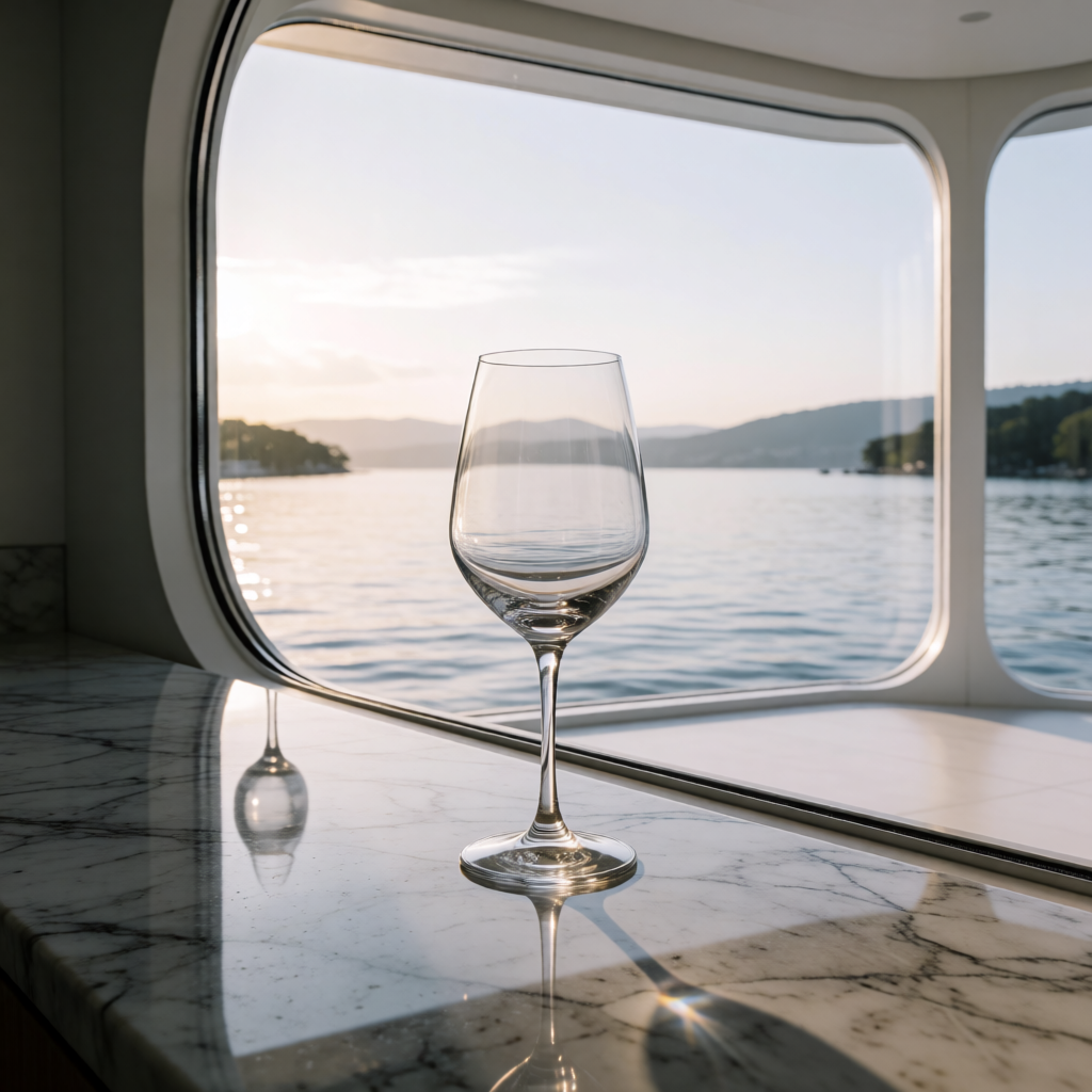 A crystal wine glass on a polished marble counter next to a 