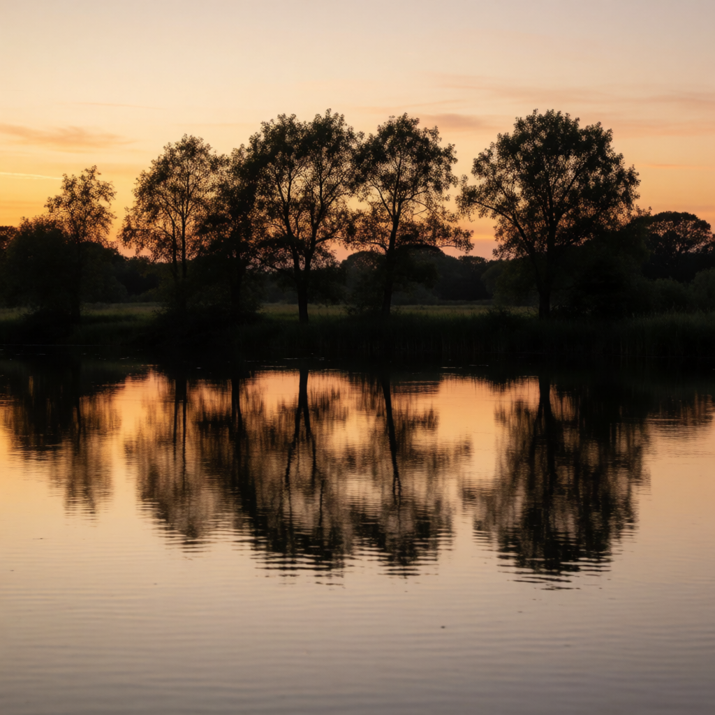 A row of trees reflected in a calm lake at sunset, with the 