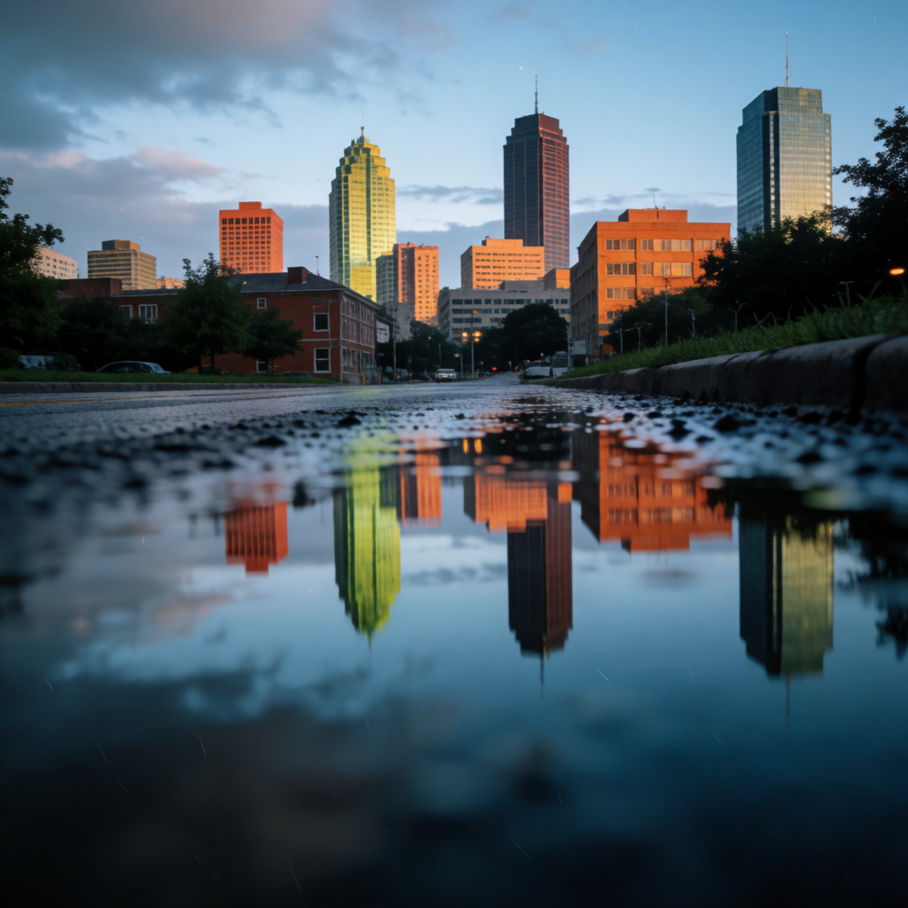 A city skyline reflected in a rain puddle on a street, with 