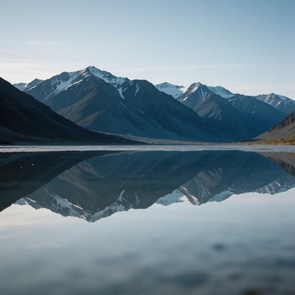 A mountain range reflected in a still alpine lake, with the 