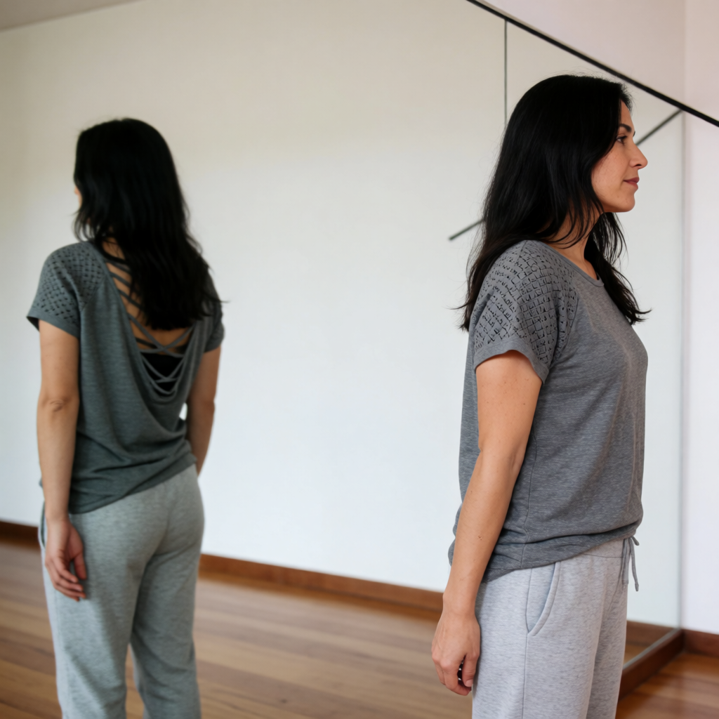 A woman standing in front of a full-length mirror, her refle