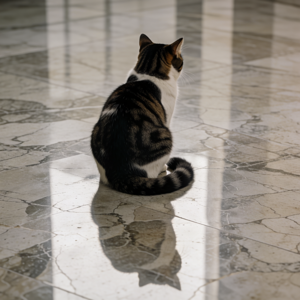 A cat sitting on a polished marble floor with its reflection