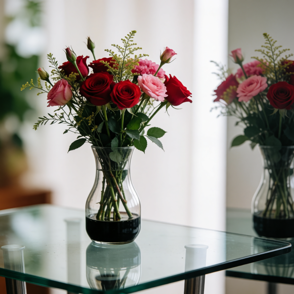 A vase of flowers on a glass table with a clear reflection v