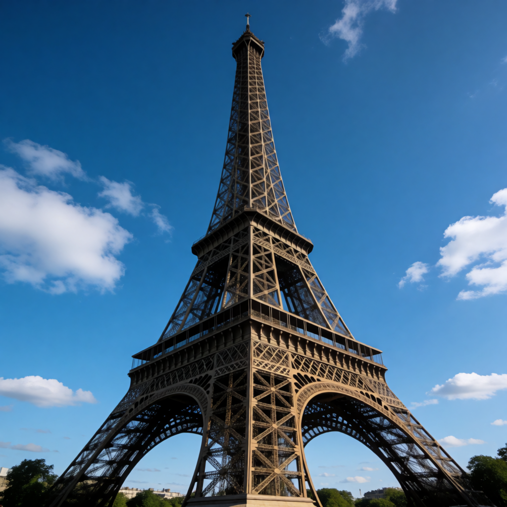 The Eiffel Tower in Paris on a clear day, architecturally ac