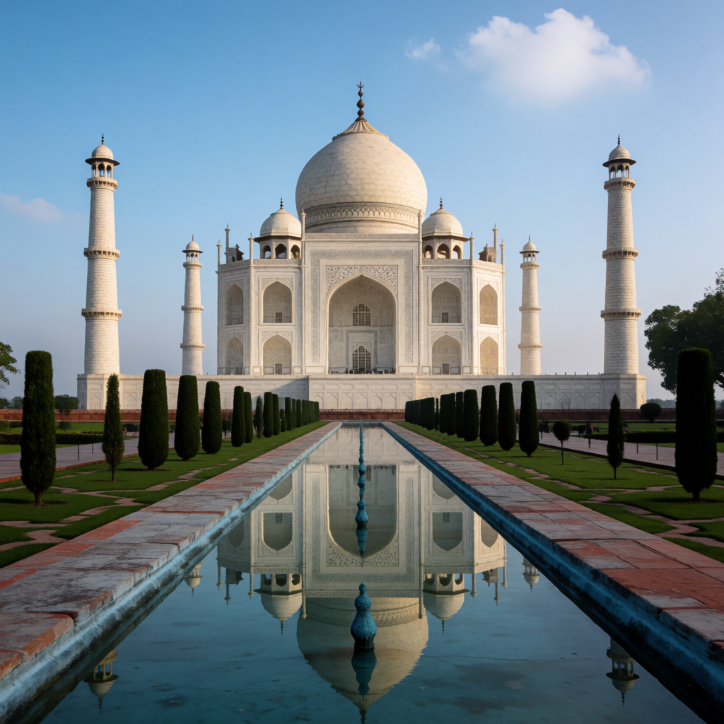 The Taj Mahal in Agra seen from the reflecting pool, with ac