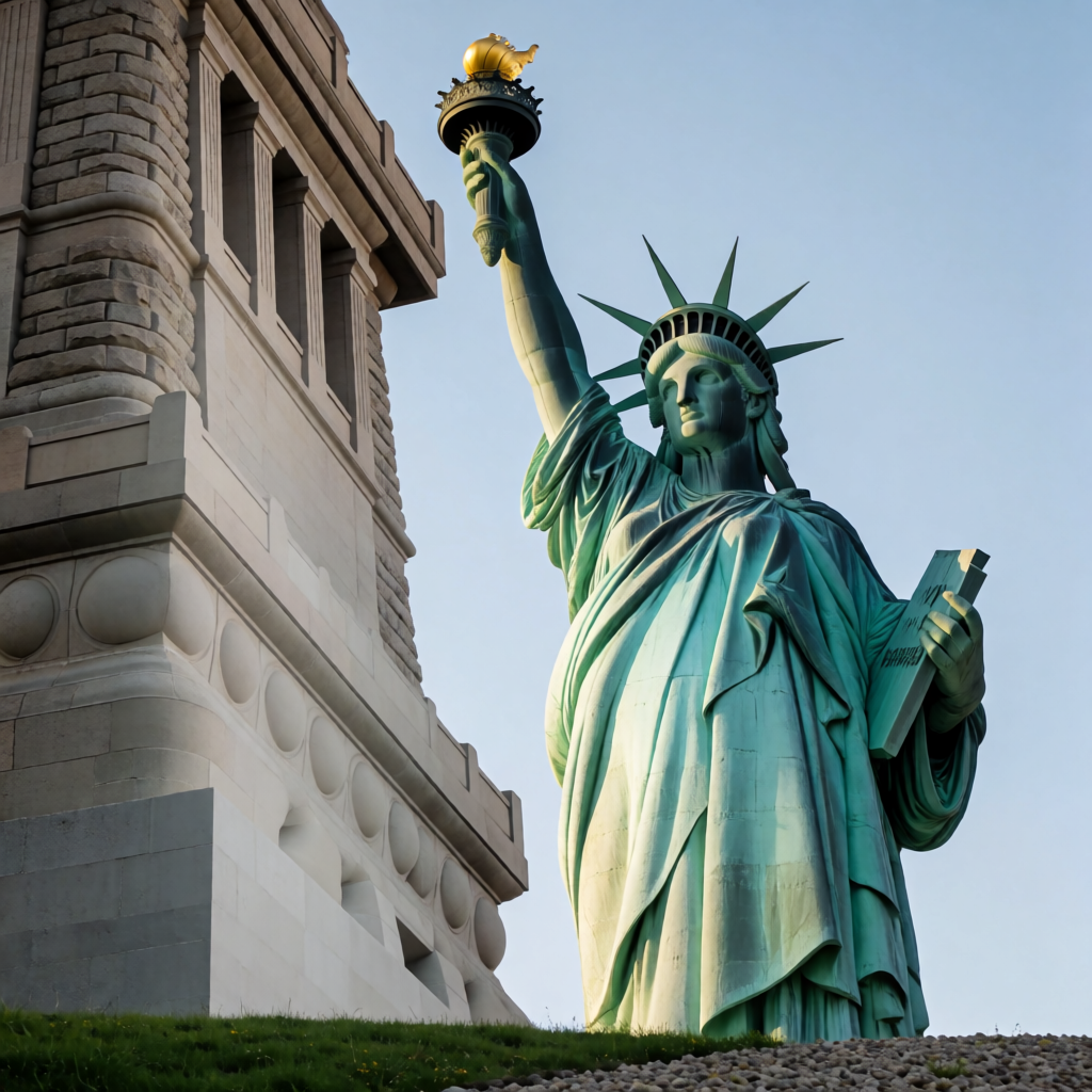 The Statue of Liberty on her island pedestal, with correct t